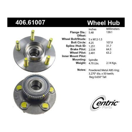 Centric Premium Hub and Bearing Assembly; With ABS Tone Ring, Parts 406.61007